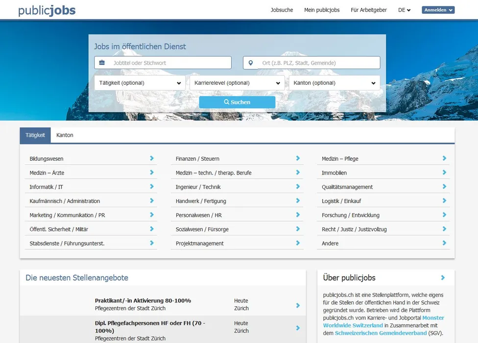 Screenshot of the publicjobs.ch job board